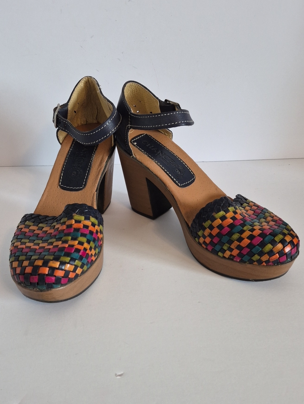 Multicolor Woven Leather Sandals With Buckle Ankle Strap, 3" Heel, Size 9.